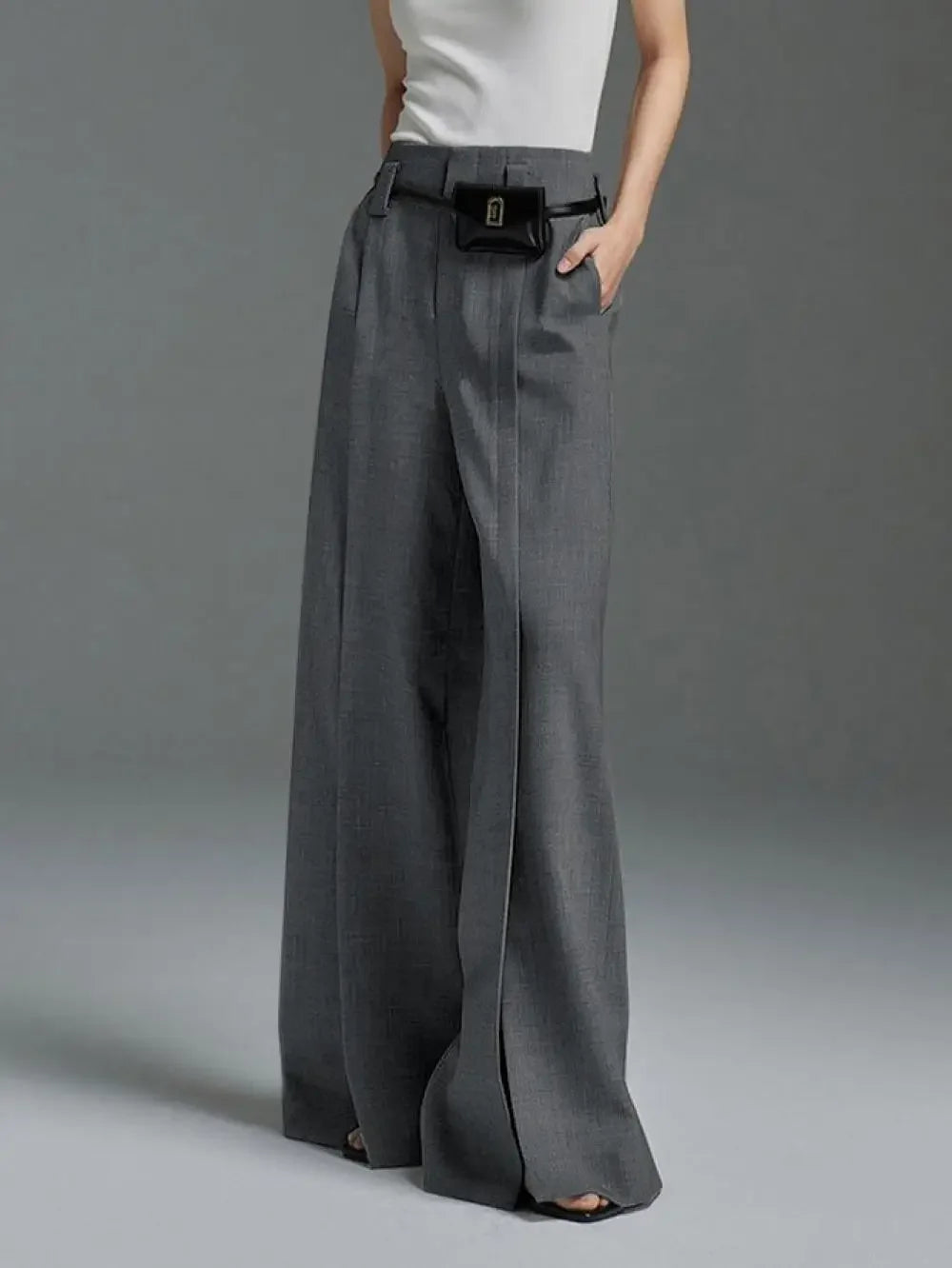 High-Waist Pleated Split-Front Wide-Leg Trousers