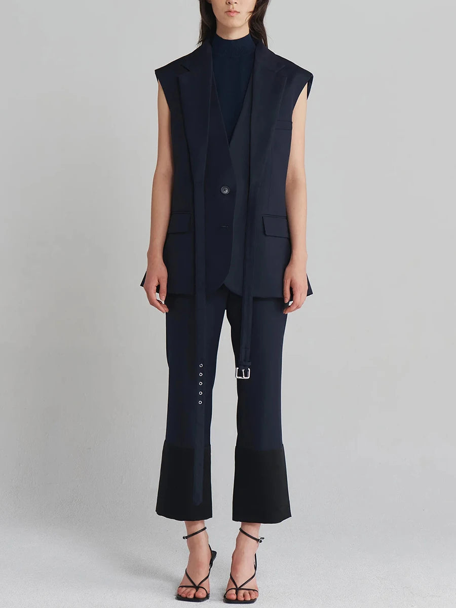 Belted Lapel Sleeveless Waistcoat