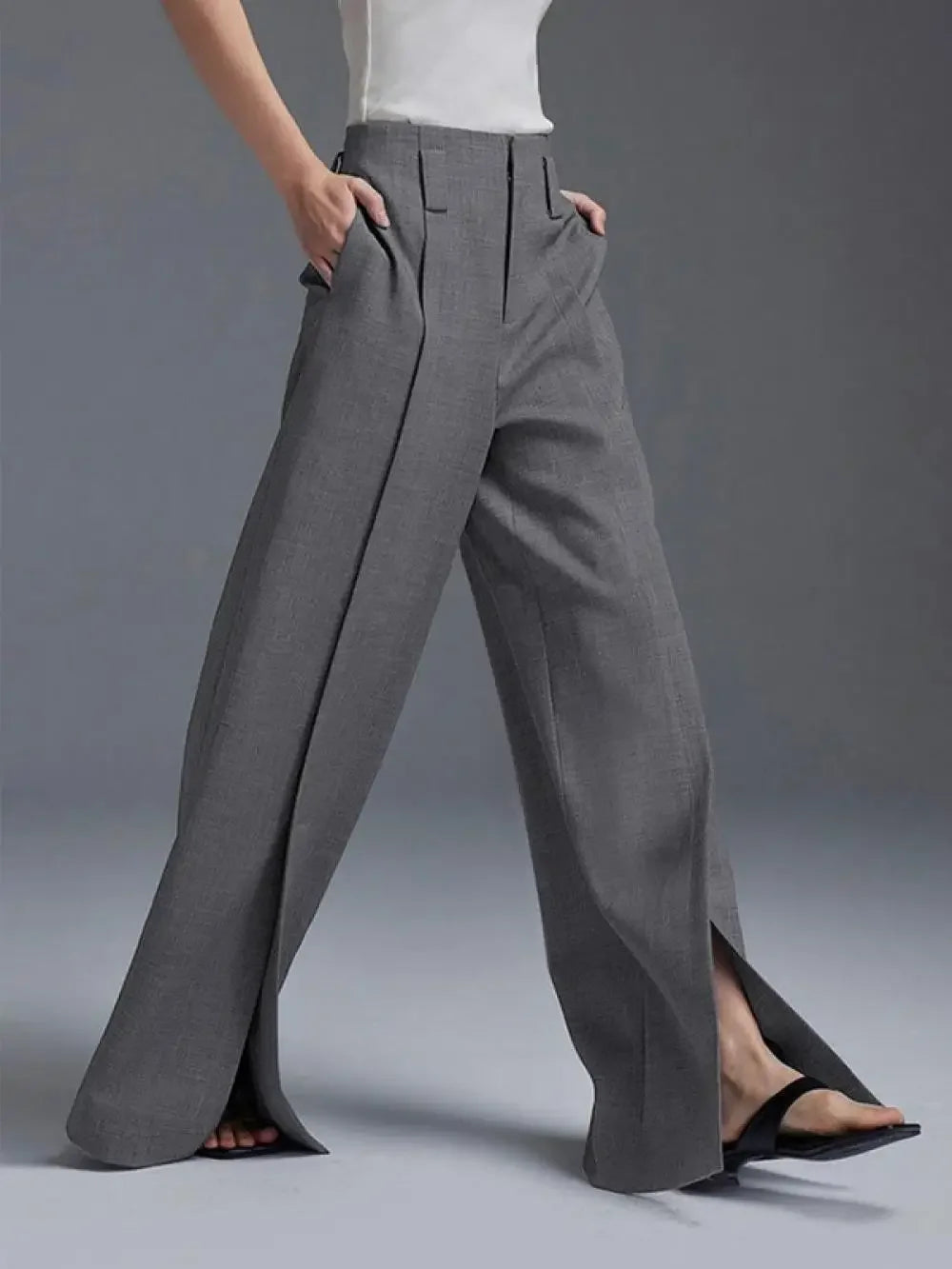High-Waist Pleated Split-Front Wide-Leg Trousers