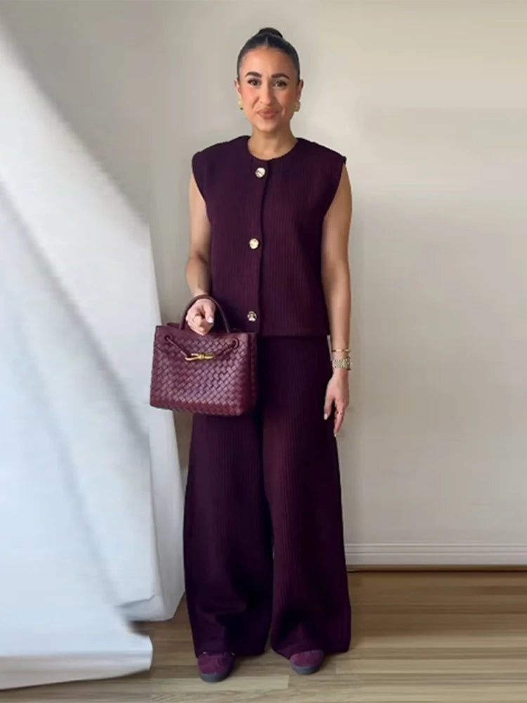 Knit Sleeveless Vest & Wide-Leg Trousers Set