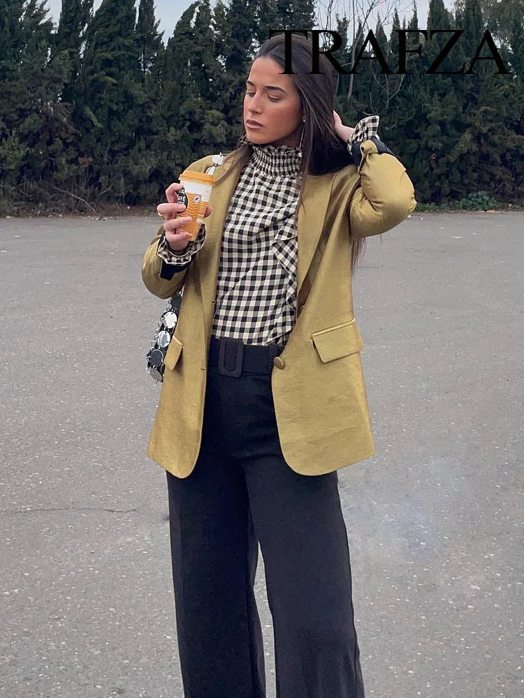 Gold V-Neck Button-Up Blazer
