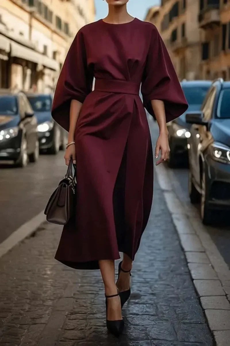Batwing Sleeve Waist-Cinching Maxi Dress