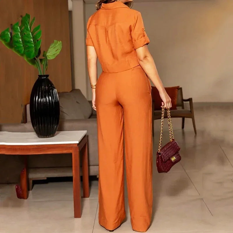 Belted Lapel Short-Sleeve Top & Wide-Leg Trousers Set