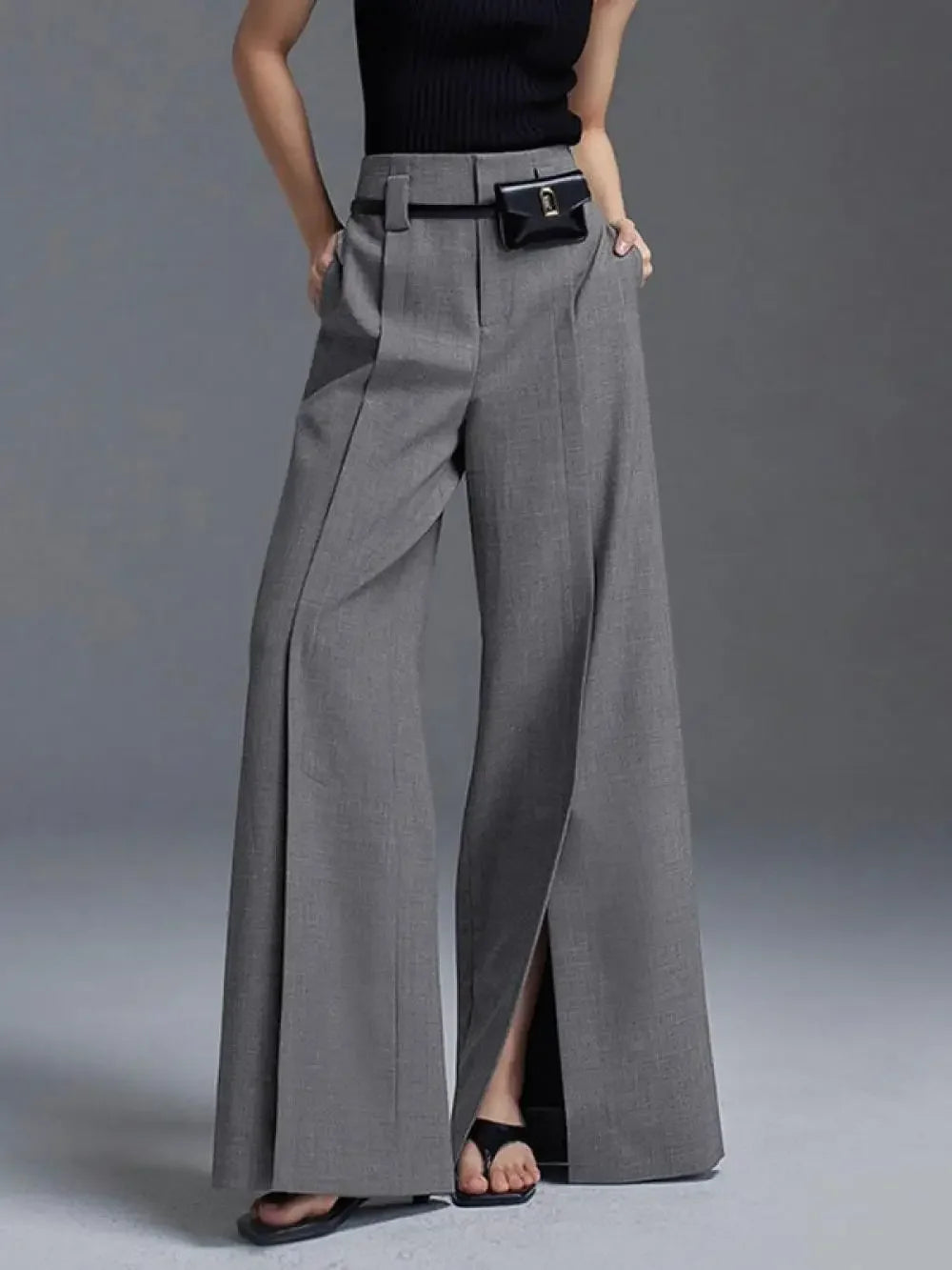 High-Waist Pleated Split-Front Wide-Leg Trousers