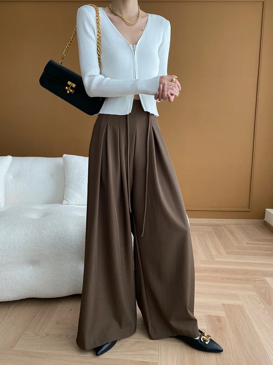 Drawstring High-Waist Wide-Leg Trousers