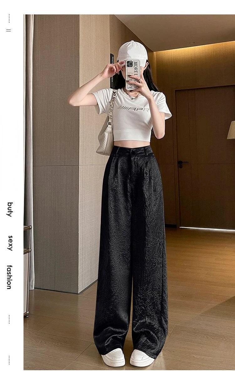 Silver Textured High-Waist Wide-Leg Trousers