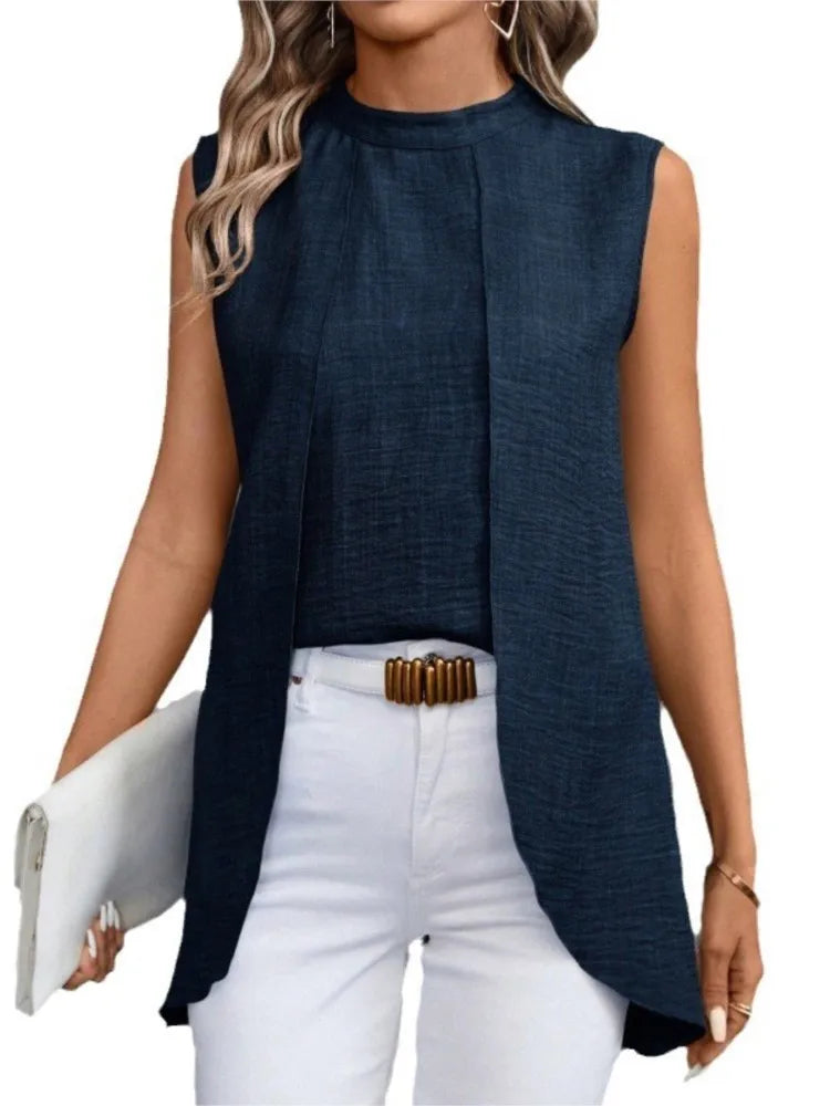 Layered-Look Sleeveless Solid Blouse