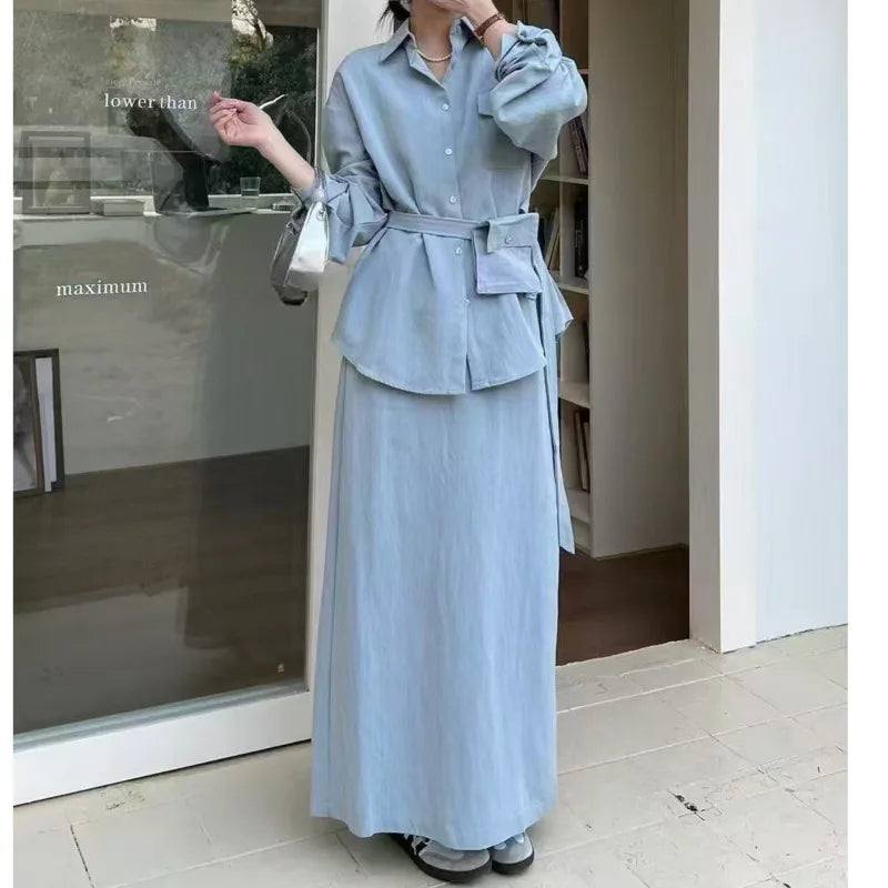 Belted Lapel Top & Straight Midi Skirt Set