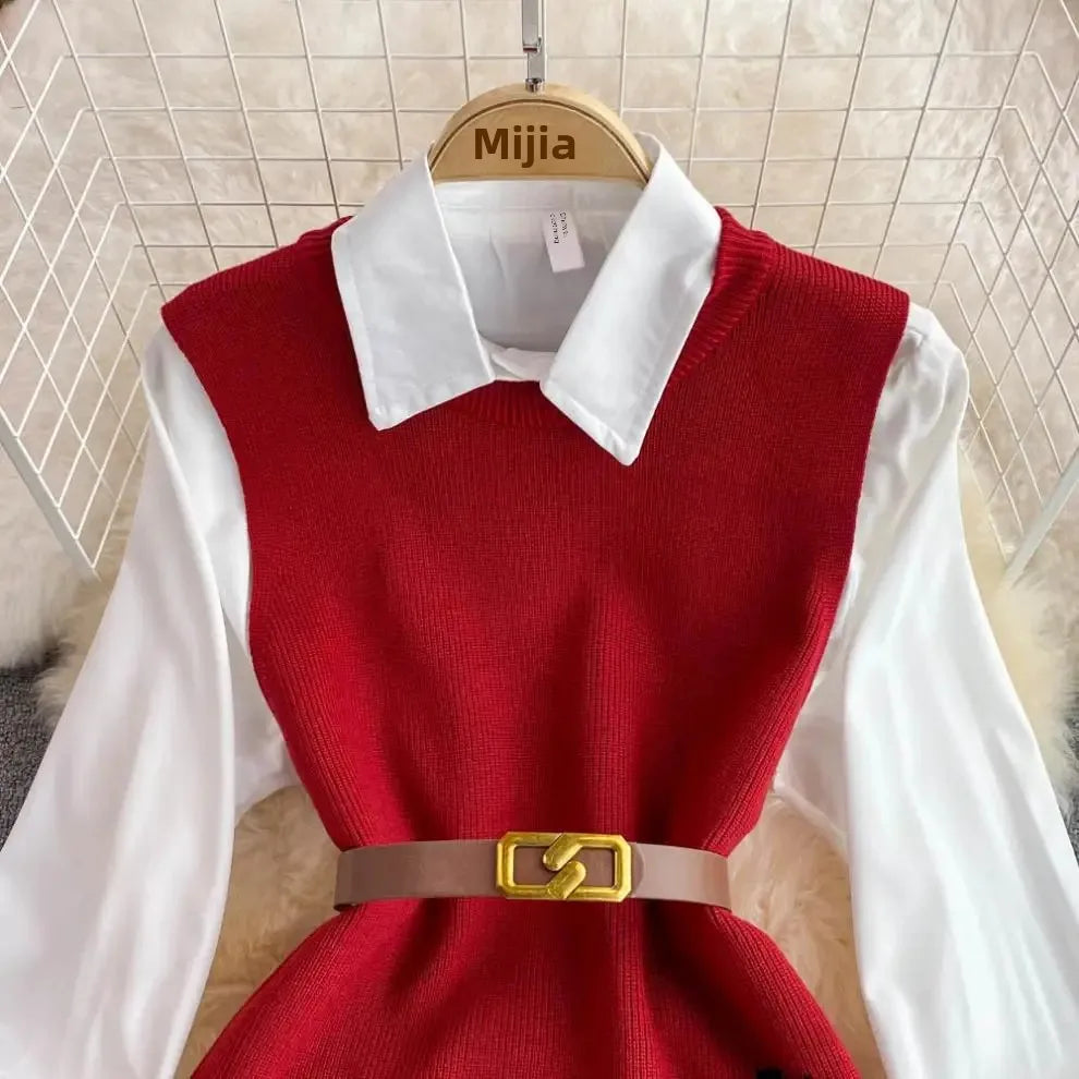 Shirt & Knit Vest Two-Piece Set