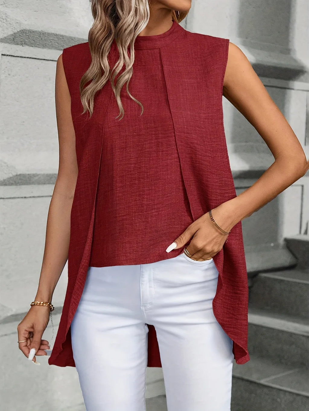 Layered-Look Sleeveless Solid Blouse