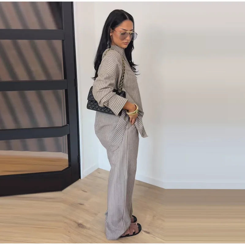 Striped Lapel Shirt & Straight-Leg Trousers Set