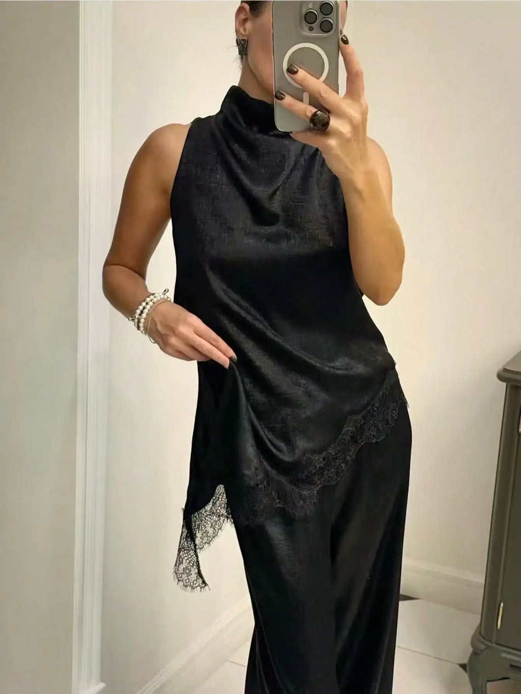 Satin High Neck Lace Trim Sleeveless Top