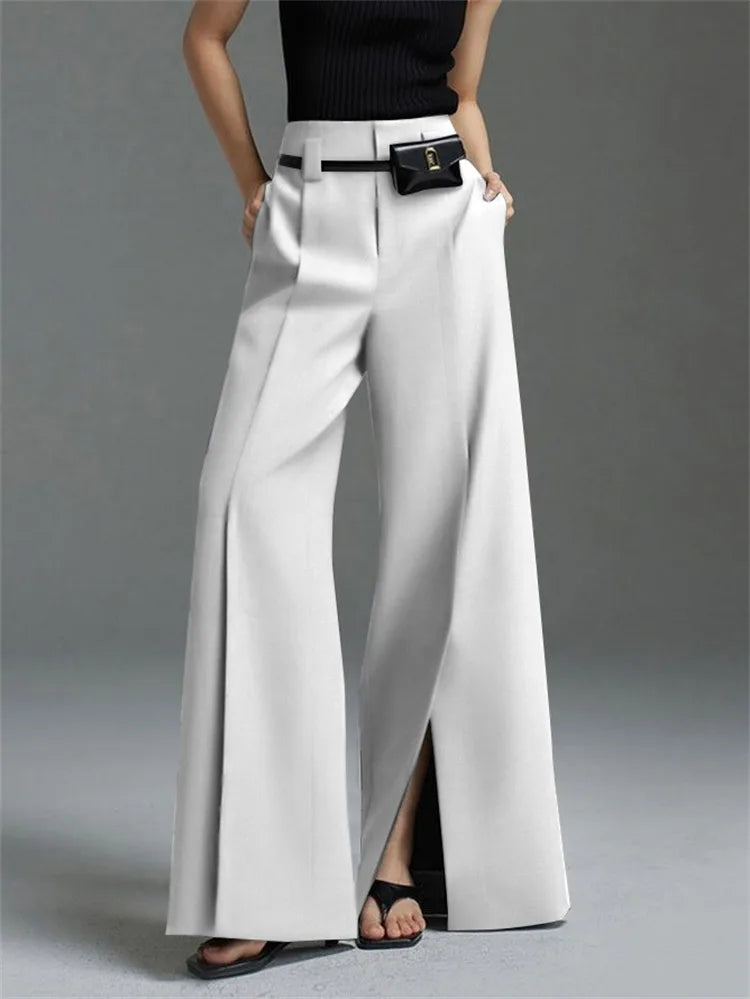 High-Waist Pleated Split-Front Wide-Leg Trousers