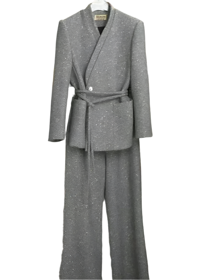 V-Neck Gathered Blazer & Wide-Leg Trousers Set