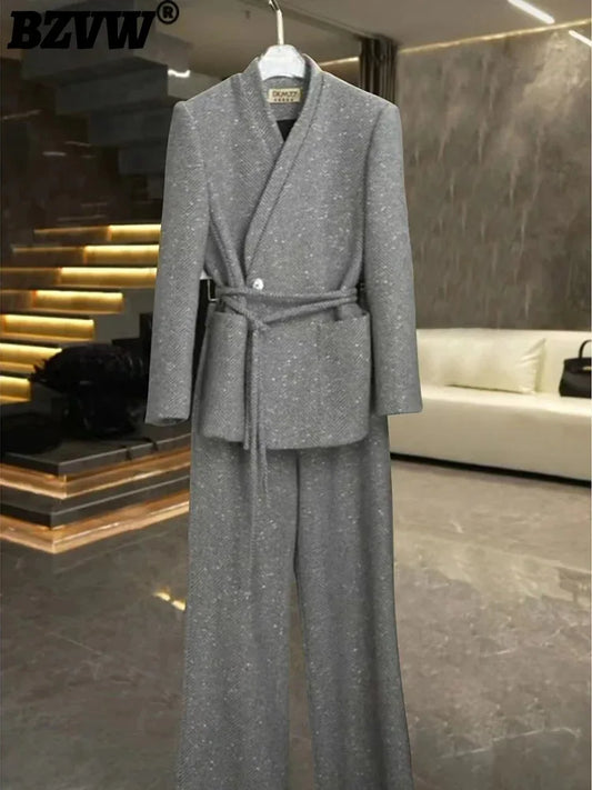 V-Neck Gathered Blazer & Wide-Leg Trousers Set