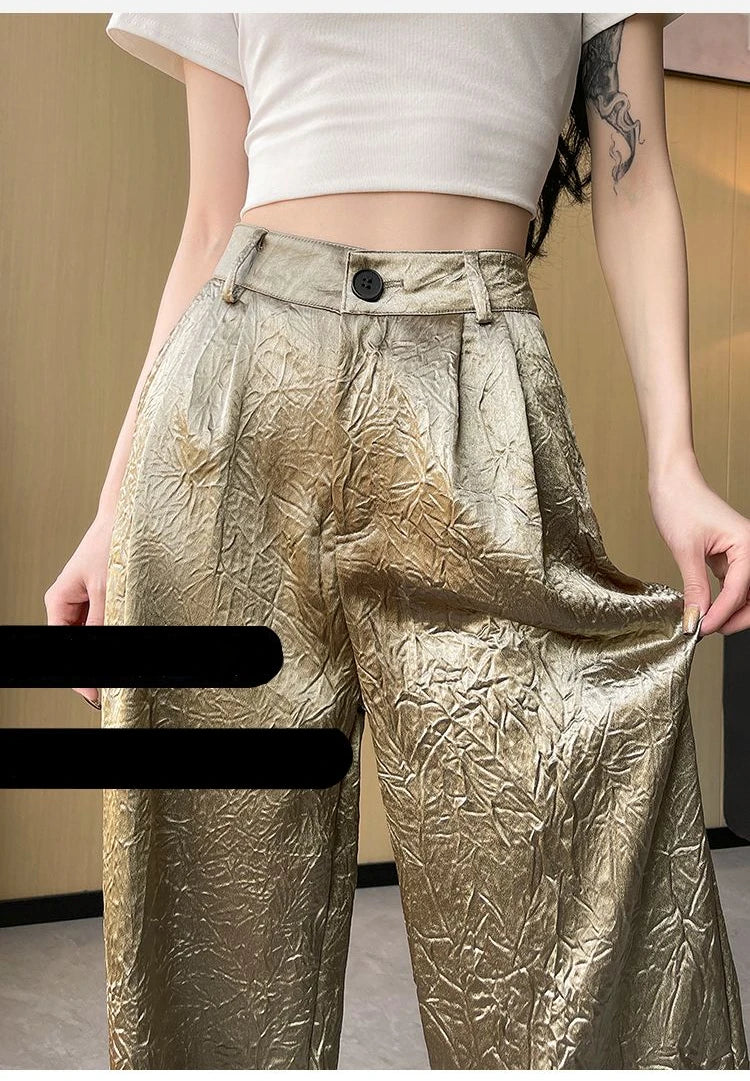 Silver Textured High-Waist Wide-Leg Trousers