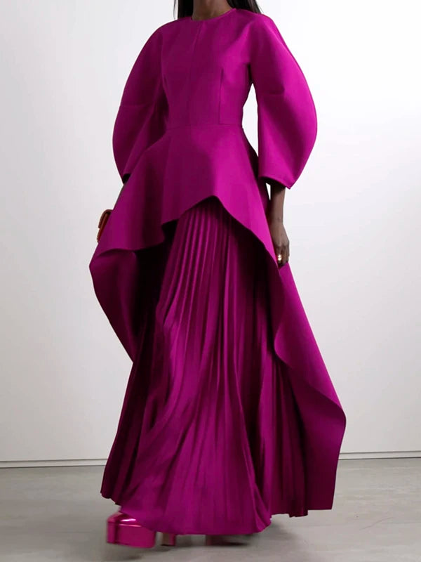 Tiered Pleated Long-Sleeve Maxi Dress