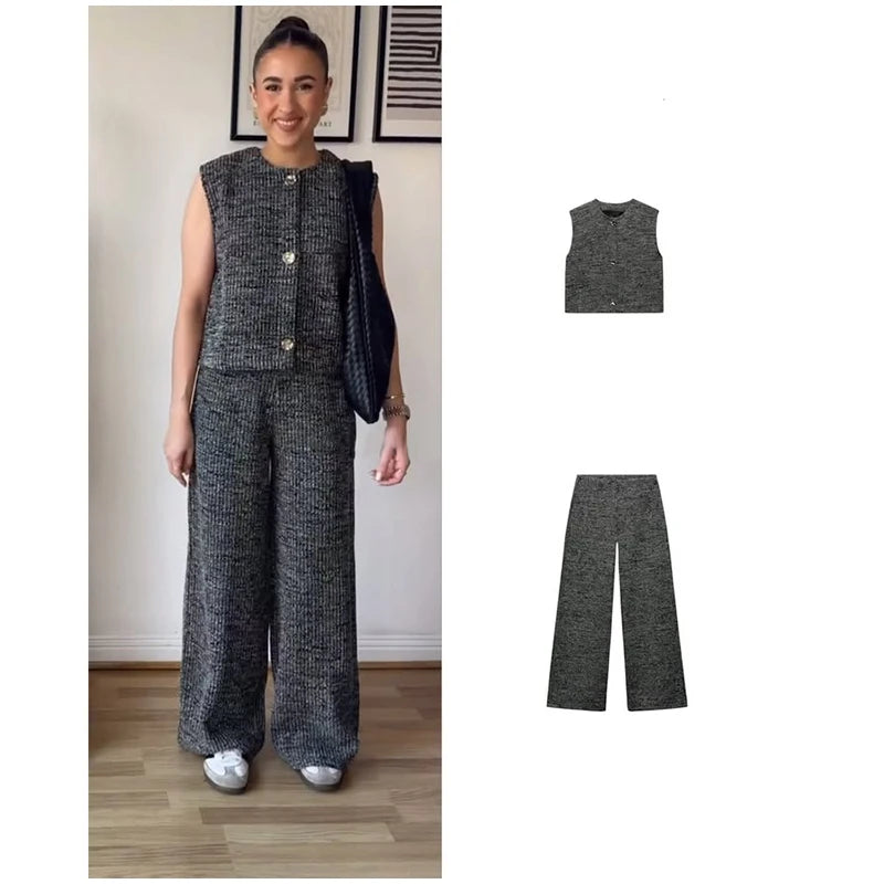 Knit Sleeveless Vest & Wide-Leg Trousers Set