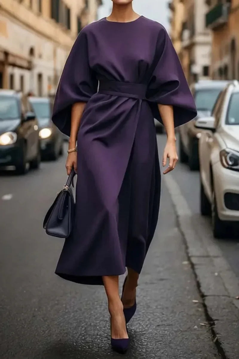 Batwing Sleeve Waist-Cinching Maxi Dress