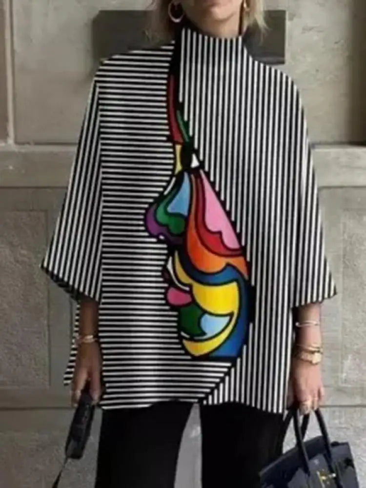 Striped Stand Collar T-Shirt