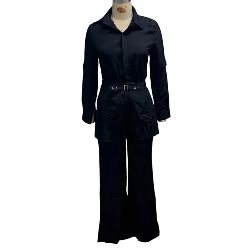 Buckle Lapel Top & Straight Trousers Set