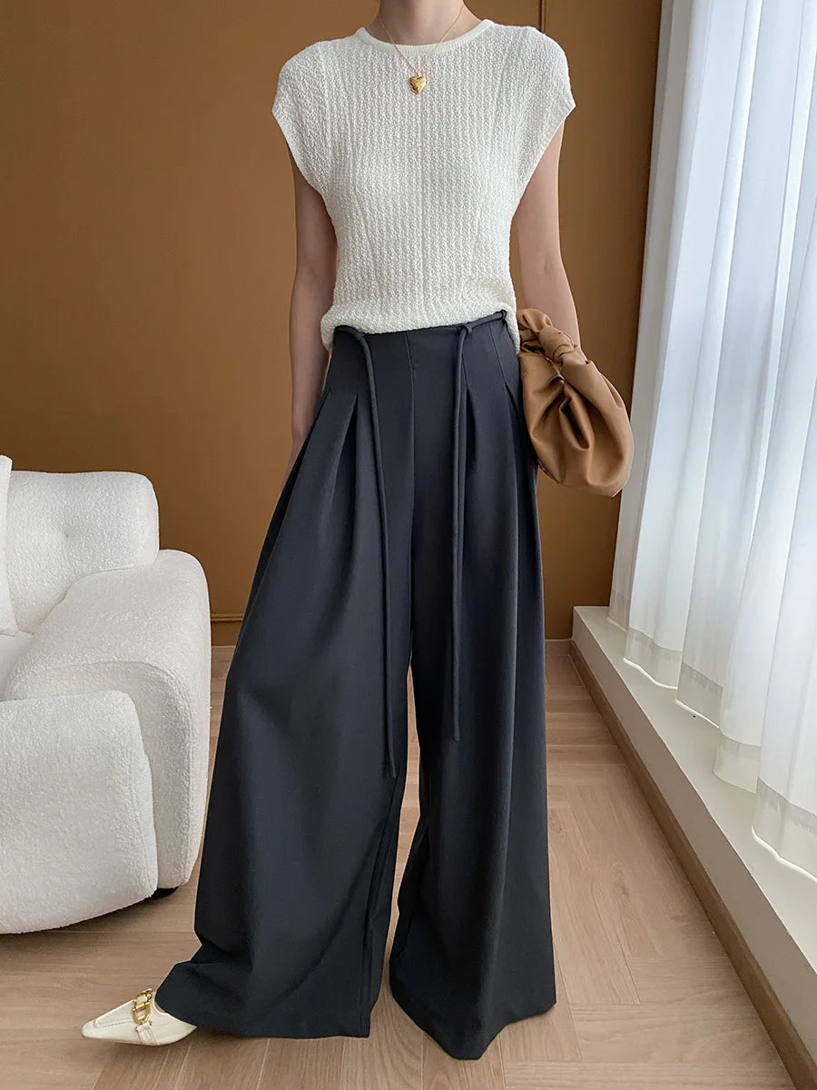 Drawstring High-Waist Wide-Leg Trousers
