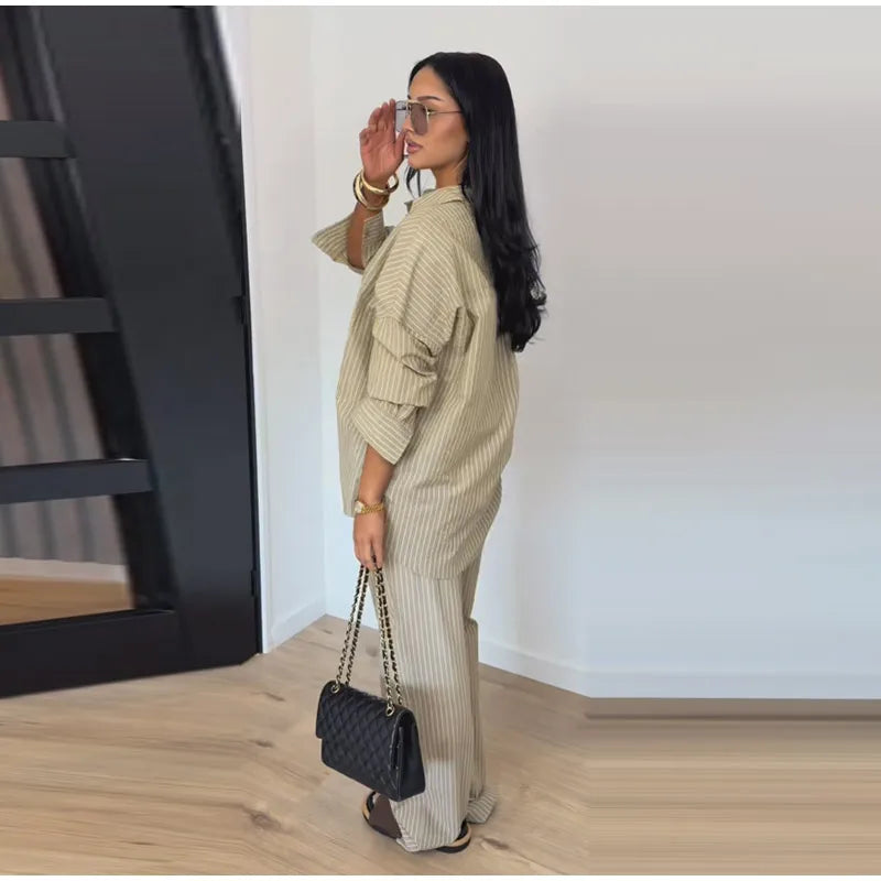 Striped Lapel Shirt & Straight-Leg Trousers Set