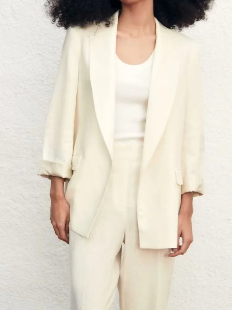 Printed Sleeve Open-Front Linen Blazer