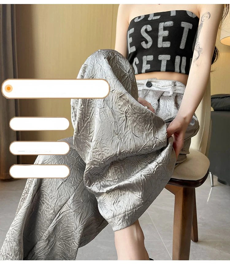 Silver Textured High-Waist Wide-Leg Trousers