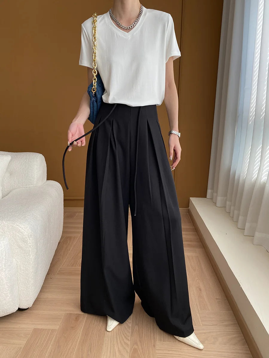 Drawstring High-Waist Wide-Leg Trousers
