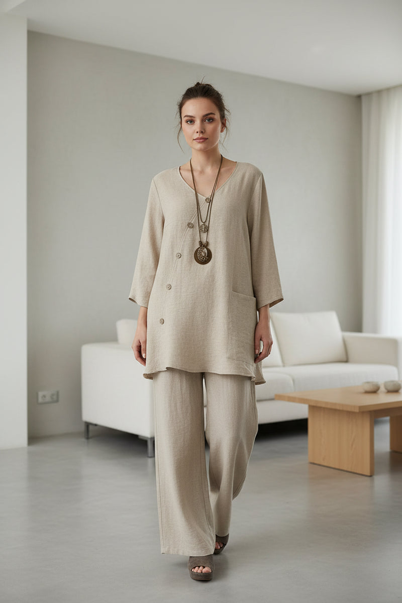 V-Neck Button Top & Straight Pants Set