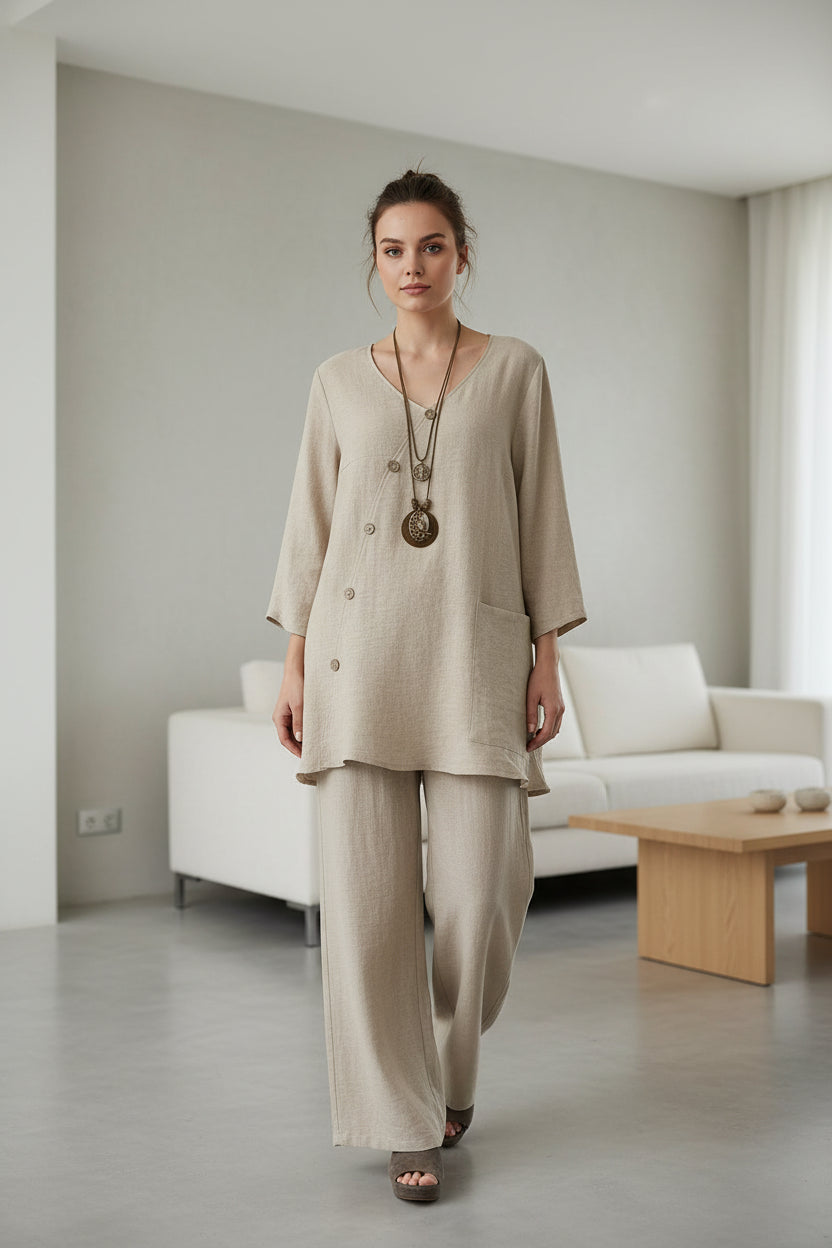 V-Neck Button Top & Straight Pants Set