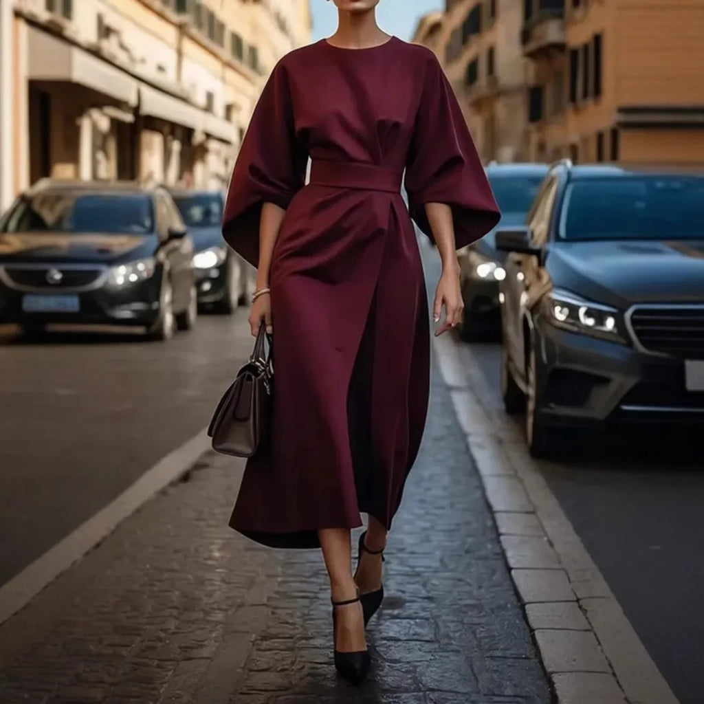 Batwing Sleeve Waist-Cinching Maxi Dress