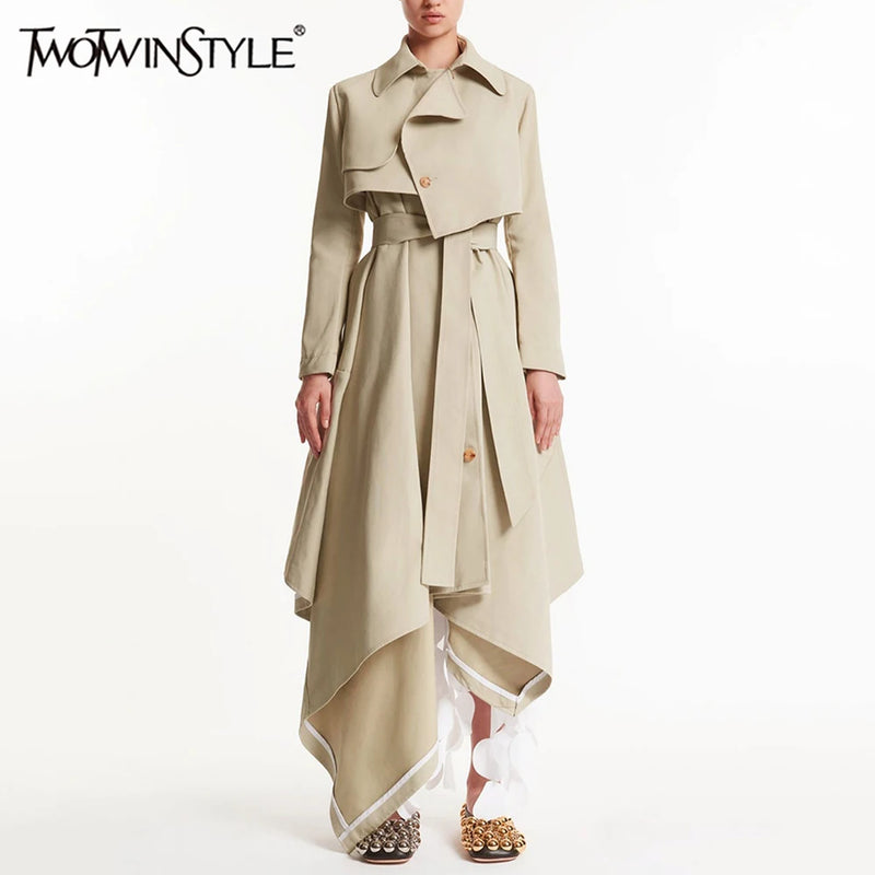 معطف ترنش TWOTWINSTYLE سادة كاجوال مقسم برباط للنساء، ياقة عالية وأكمام طويلة وأزرار مرقعة غير متماثلة، جديد للنساء