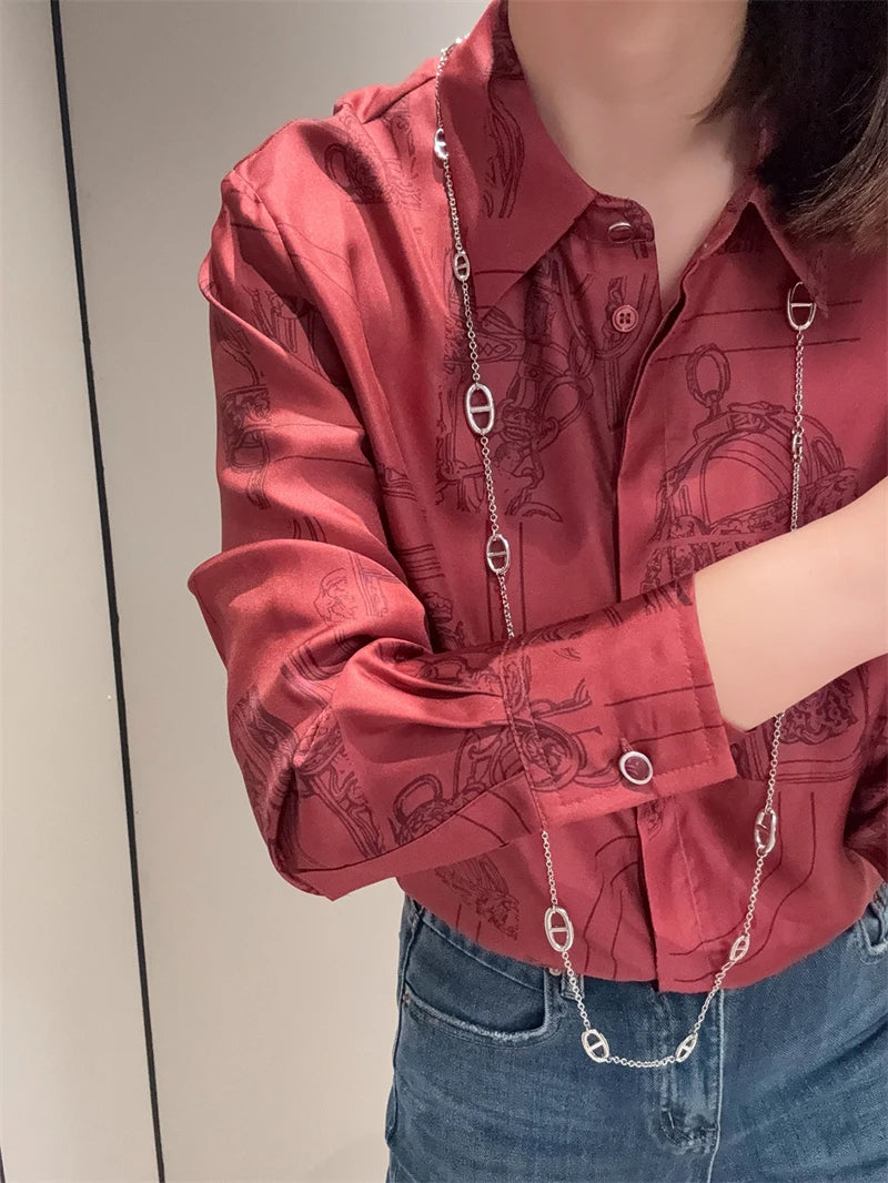 Vintage Print Long Sleeve Luxury Blouse