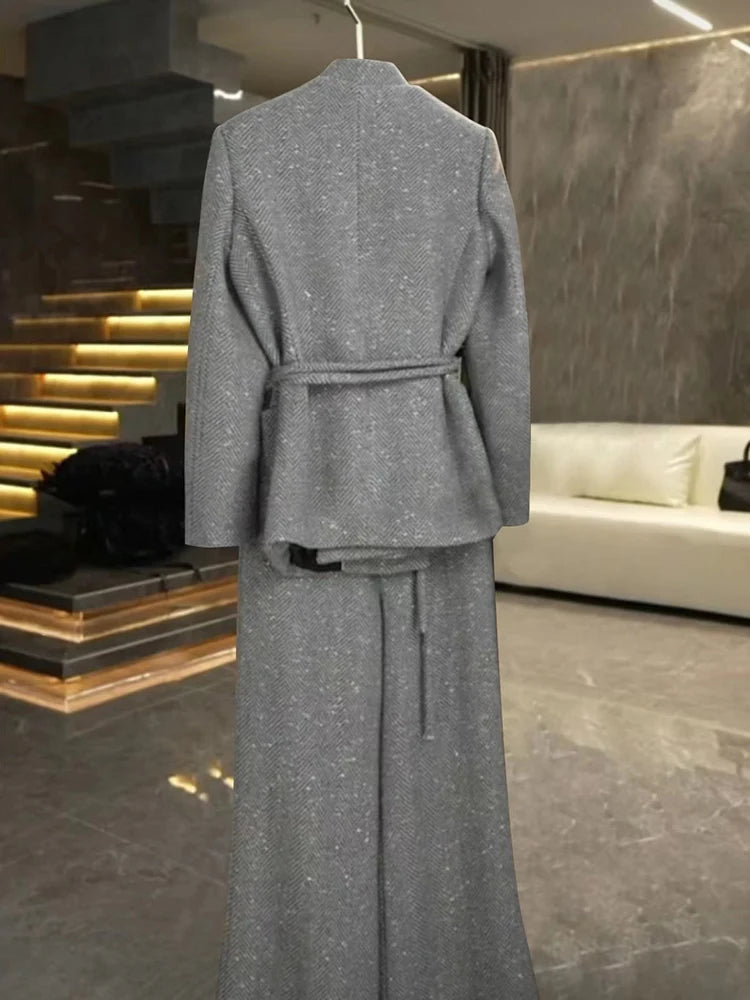 V-Neck Gathered Blazer & Wide-Leg Trousers Set