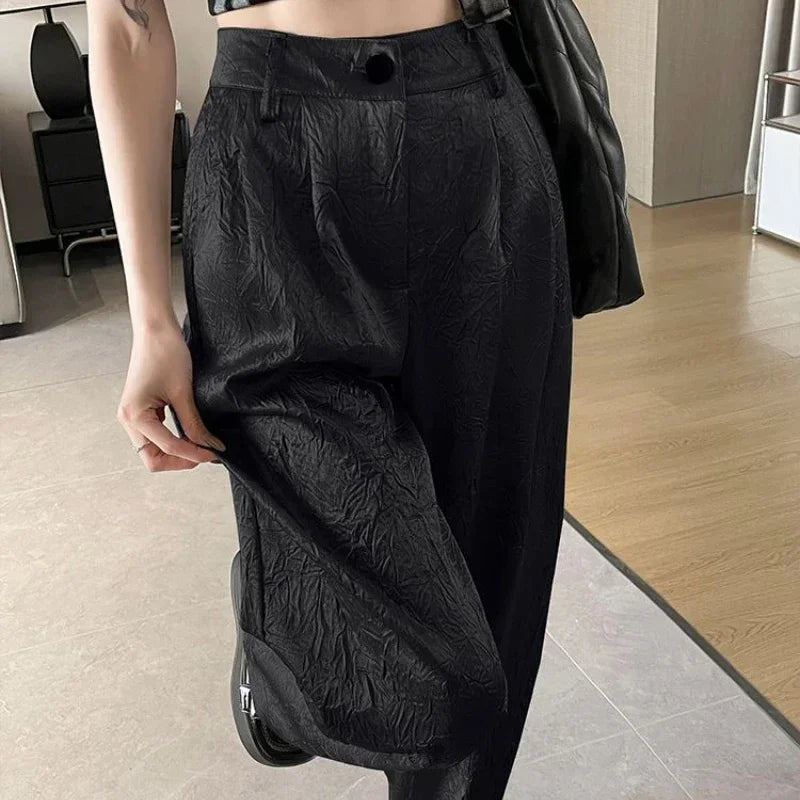Silver Textured High-Waist Wide-Leg Trousers