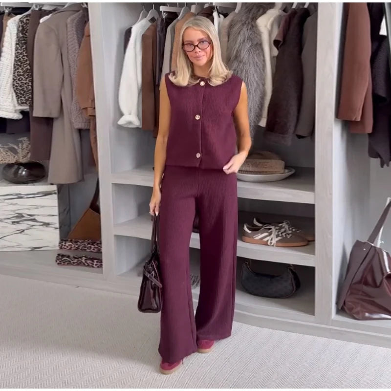 Knit Sleeveless Vest & Wide-Leg Trousers Set