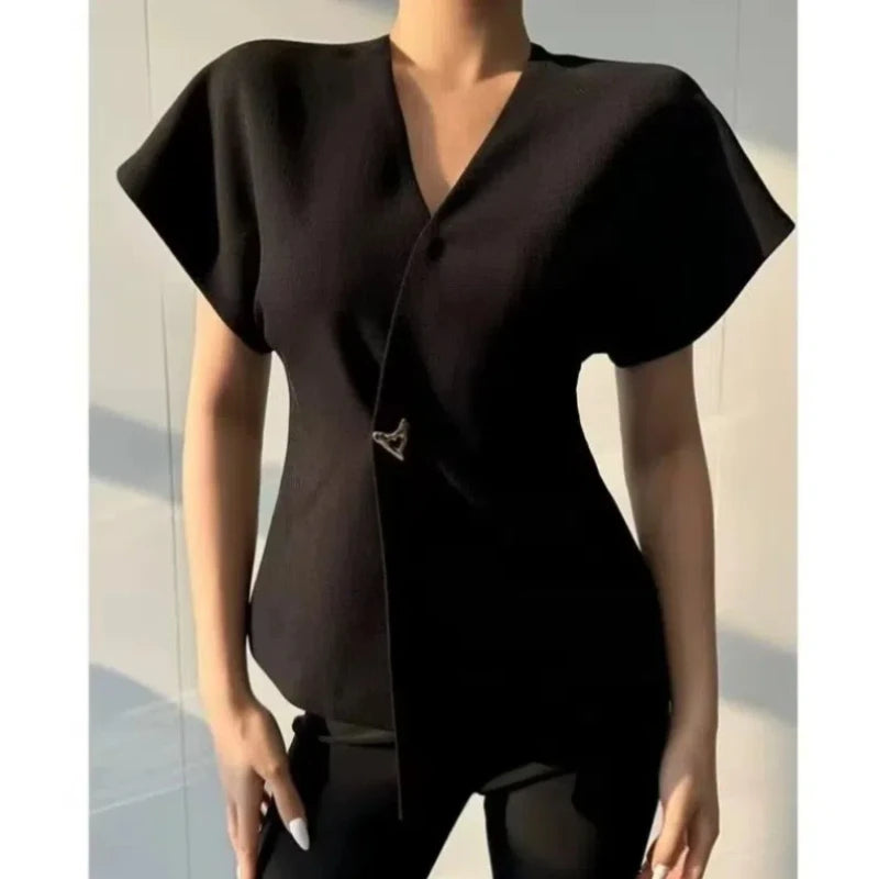 Rivet Button Short-Sleeve Cardigan Top