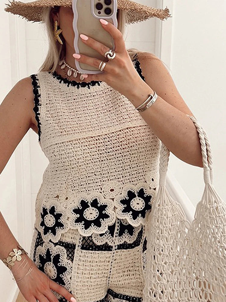 Crochet Hollow-Out Vest & Straight-Leg Trousers Set