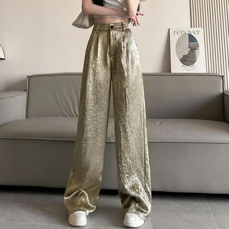 Silver Textured High-Waist Wide-Leg Trousers