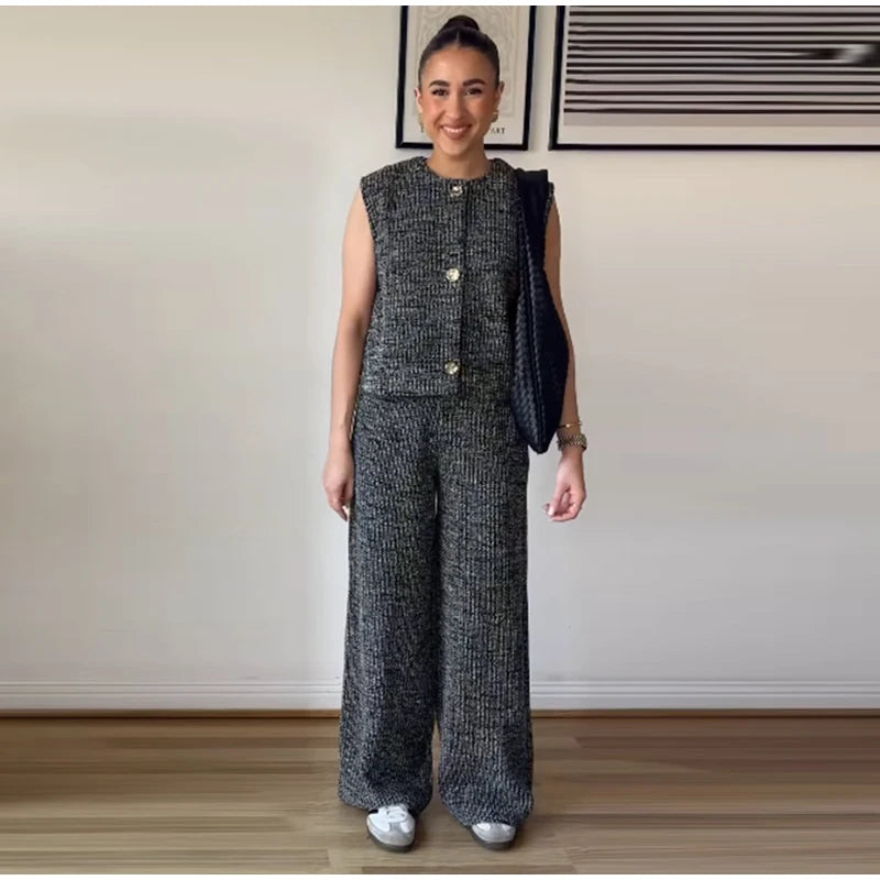 Knit Sleeveless Vest & Wide-Leg Trousers Set