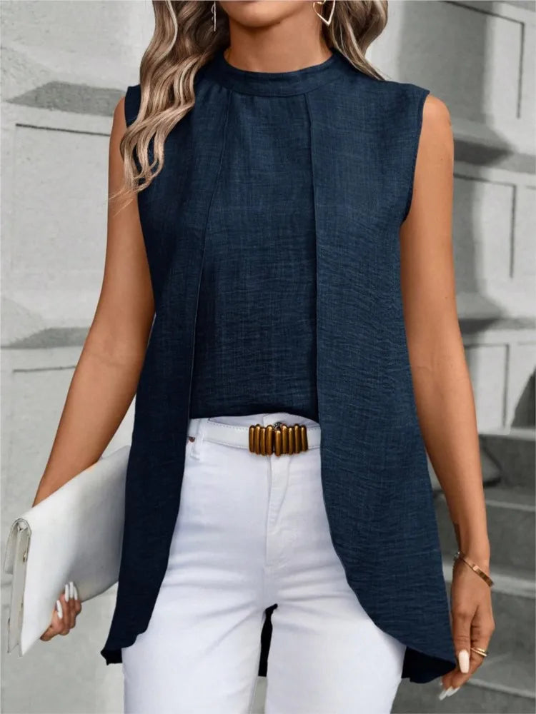 Layered-Look Sleeveless Solid Blouse
