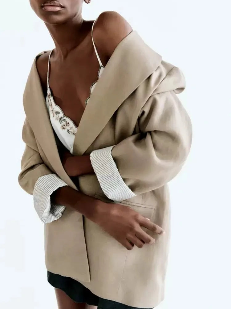 Printed Sleeve Open-Front Linen Blazer