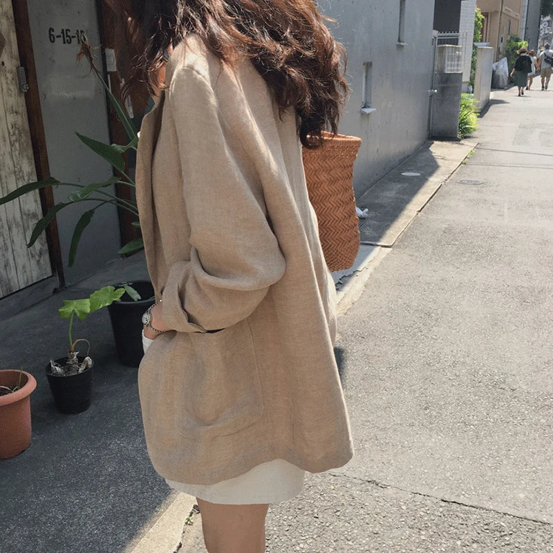 Notch Lapel Cotton Linen Casual Blazer