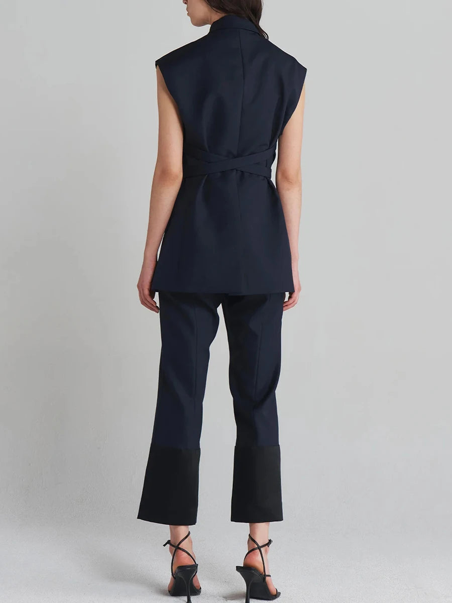 Belted Lapel Sleeveless Waistcoat