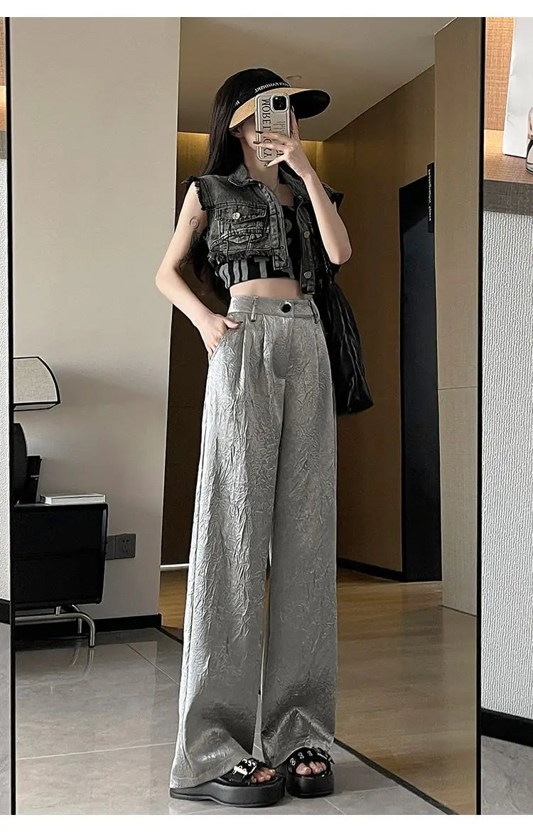 Silver Textured High-Waist Wide-Leg Trousers