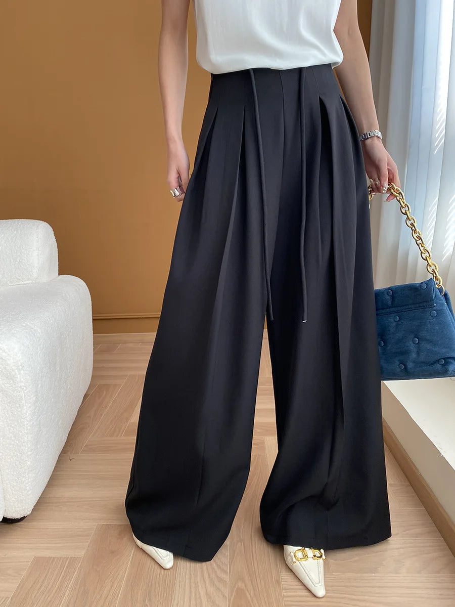 Drawstring High-Waist Wide-Leg Trousers