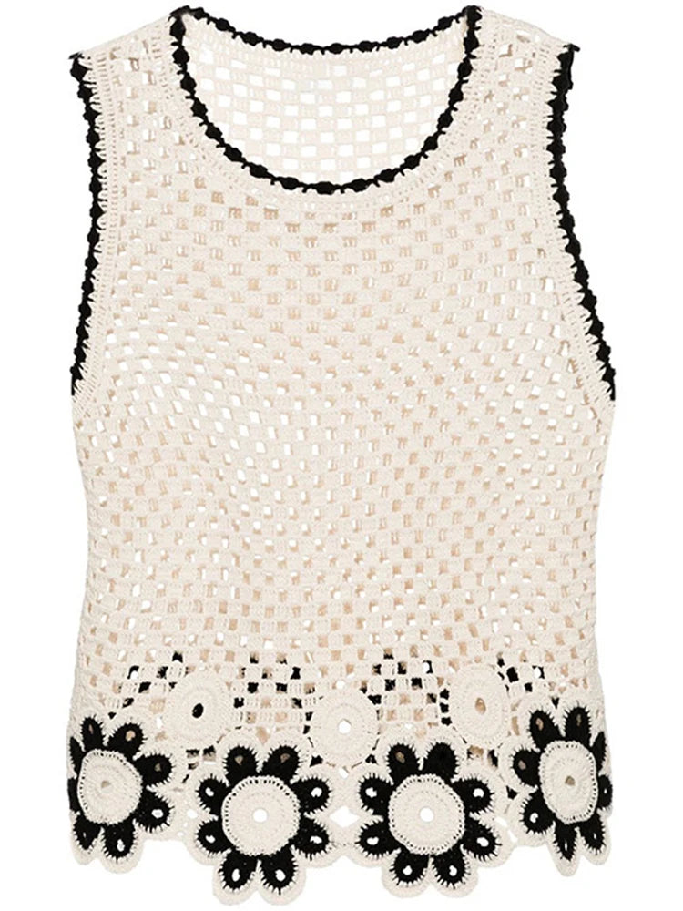 Crochet Hollow-Out Vest & Straight-Leg Trousers Set