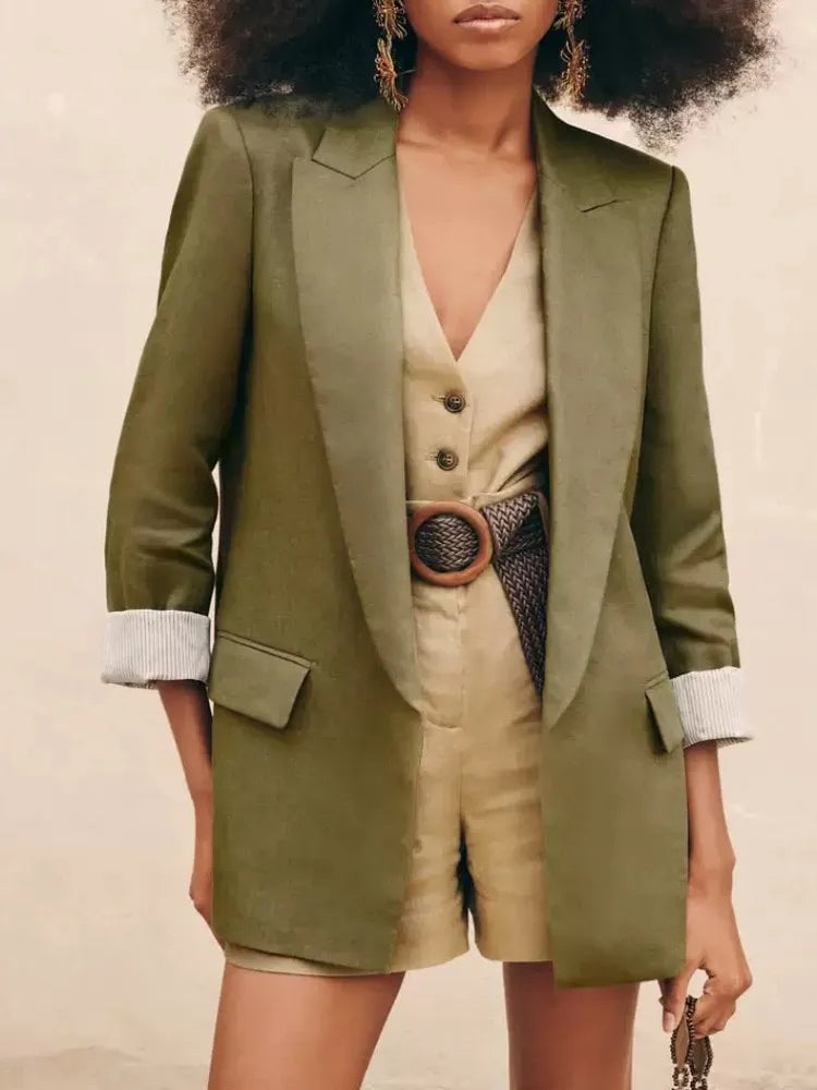 Printed Sleeve Open-Front Linen Blazer